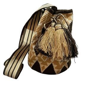 Wayuu Tribe Handwoven Crossbody Bucket Bag in Beige, Brown and Cream
